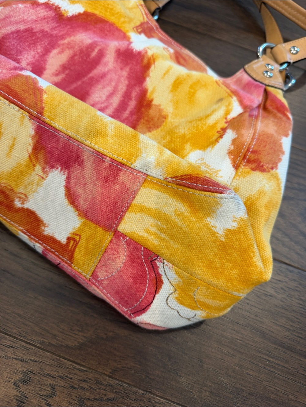 Vintage Coach 2002 Floral Fabric Maggie Shoulder Bag in Yellow & Pink - C15-049 - Picture 5 of 13